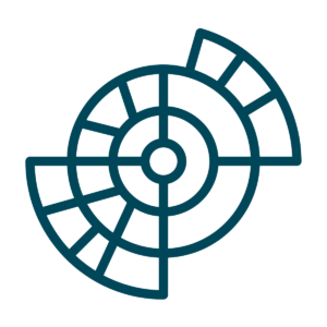 A blue circle with a line through it, representing a sunburst chart for exploring intricate hierarchical data.