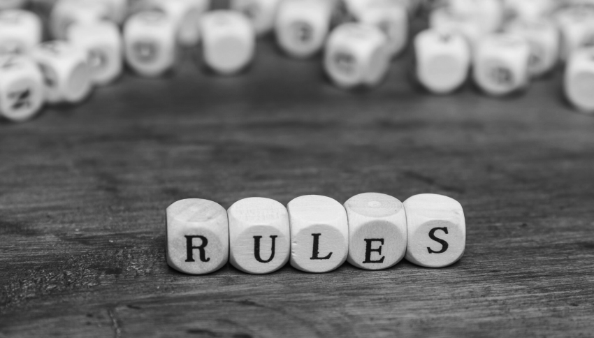 A picture of five wood dice with each letter of the word rules.